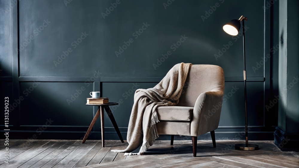 Poster A warm reading corner is arranged with a comfortable armchair covered in a soft throw. A small side table holds a steaming mug and a stack of books while a floor lamp provides warm