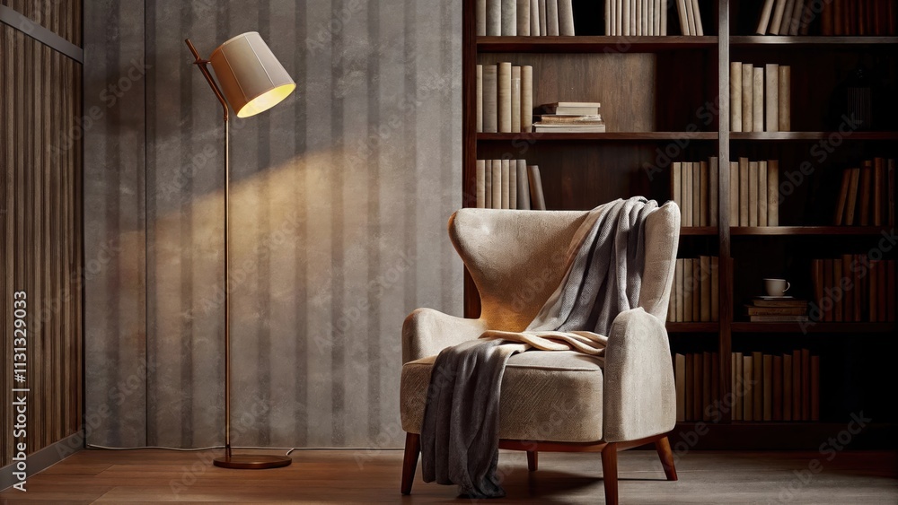 Poster A cozy reading corner illuminated by a standing lamp featuring a chic armchair draped with soft throws. The walls are lined with shelves filled with books and a small round side