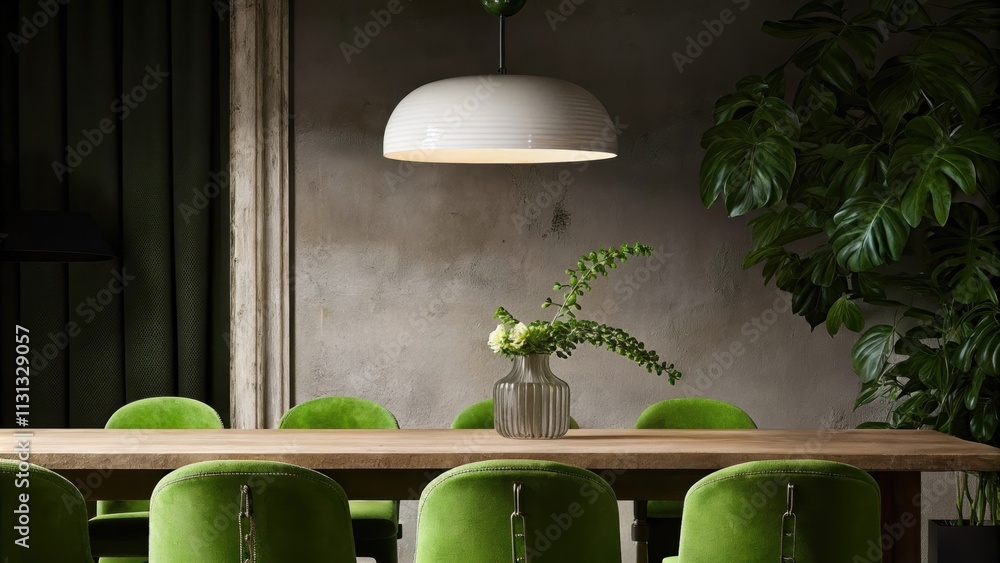 Poster an inviting dining area showcasing a sleek elongated wooden table surrounded by elegantly curved cha