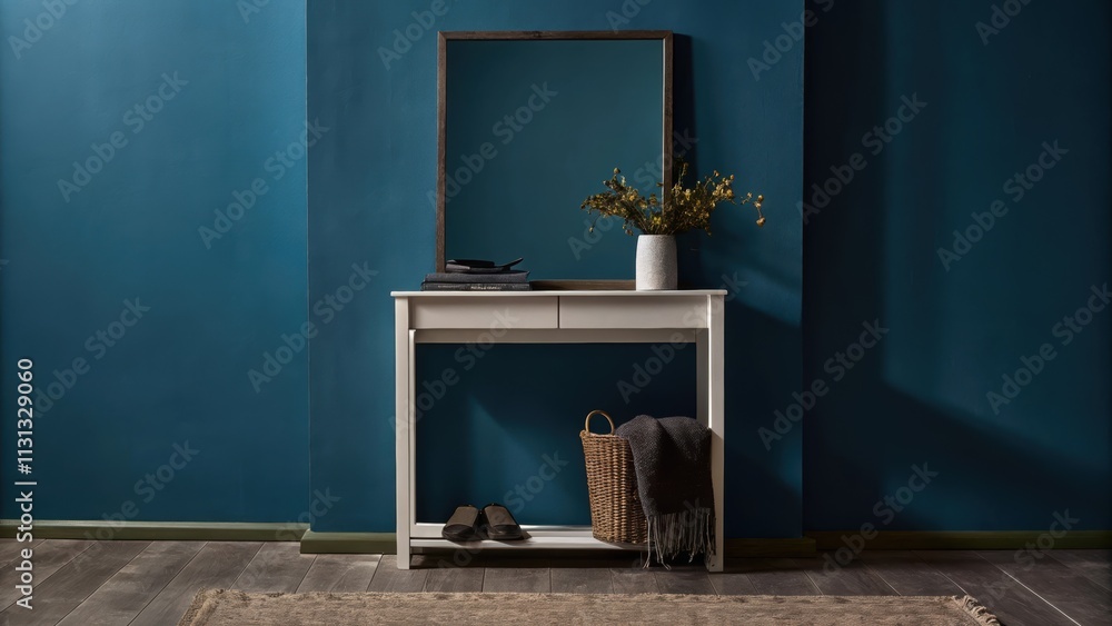 Aufkleber A bright entryway features a slim console table with a clean design topped with a simple vase of wildflowers. Beneath a woven basket holds soft textured throw blankets and a large