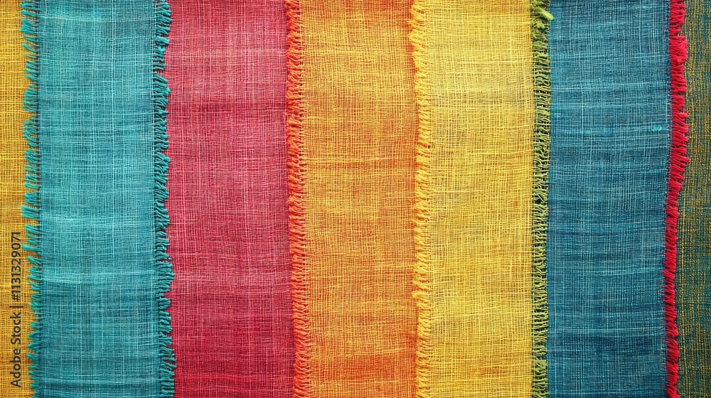 Poster vibrant striped fabric texture background in a blend of red blue yellow and green hues for creative 