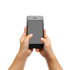A childs hands holding a smartphone with a blank screen against a transparent background, showcasing youthful interaction with technology, Child's Hands Holding Smartphone Isolated on PNG background