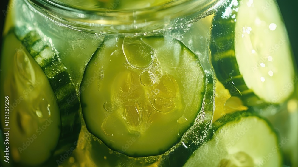 Poster cucumber slices in a clear jug of water creating a refreshing and healthy beverage close up shot