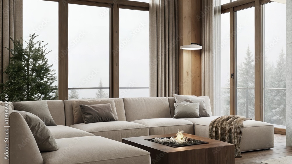 Poster a family room features a sectional couch with a casual arrangement around a modern fire pit coffee t
