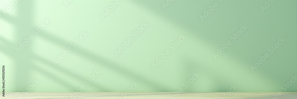 Poster a minimalist wooden tabletop with a soft green pastel hue is ideal for displaying products in a visu