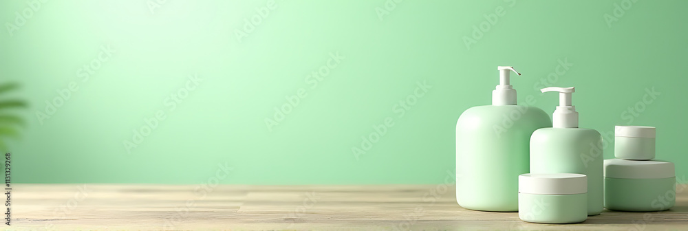 Aufkleber a minimalist wooden tabletop with a soft green pastel hue is ideal for displaying products in a visu