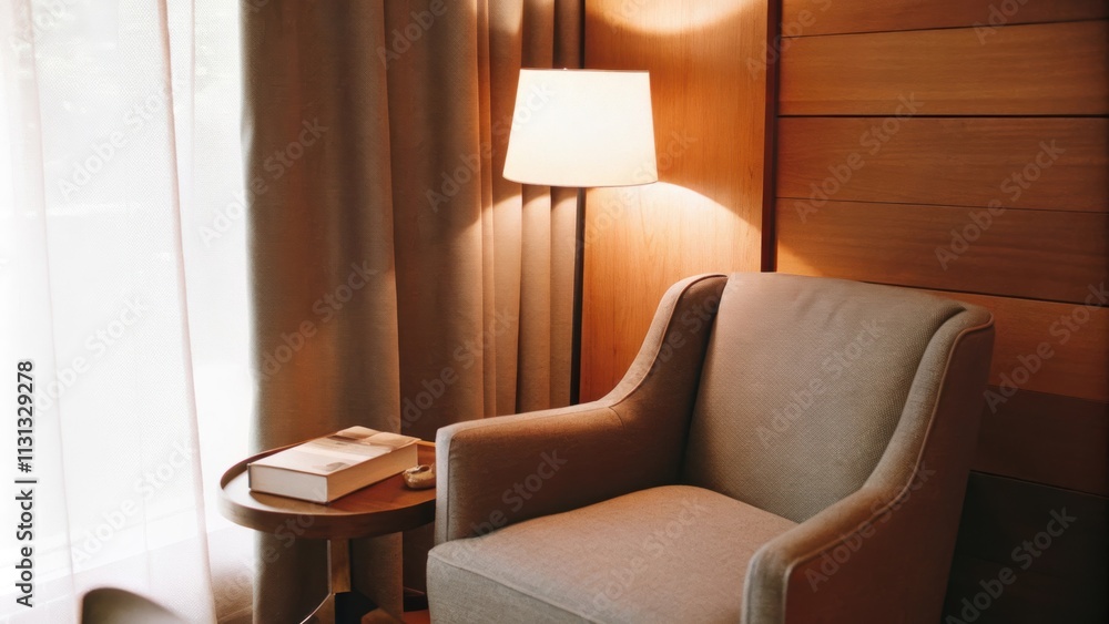 Poster A cozy reading nook with a plush armchair in a subtle grey hue paired with a small side table displaying a single decorative book and a minimalist lamp illuminated by a nearby
