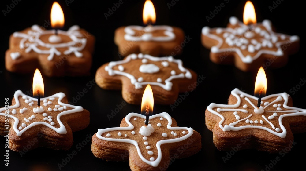 Poster gingerbread shaped candles adorned with festive icing and glowing flames on a dark background ideal 