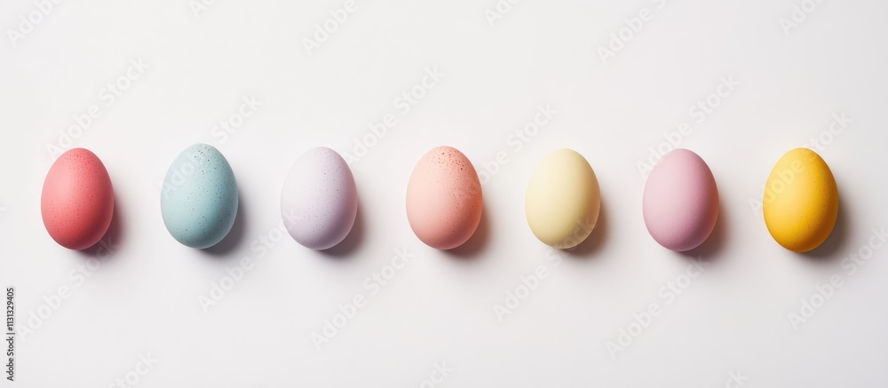 Poster Pastel colored eggs arranged in a row against a clean white background symbolizing spring celebrations and joy in a minimalist style.