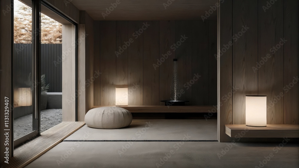 Poster A meditation corner featuring a plush floor cushion softly lit ambient lamps and minimal decor creating a serene atmosphere with light wooden textures and a small indoor fountain