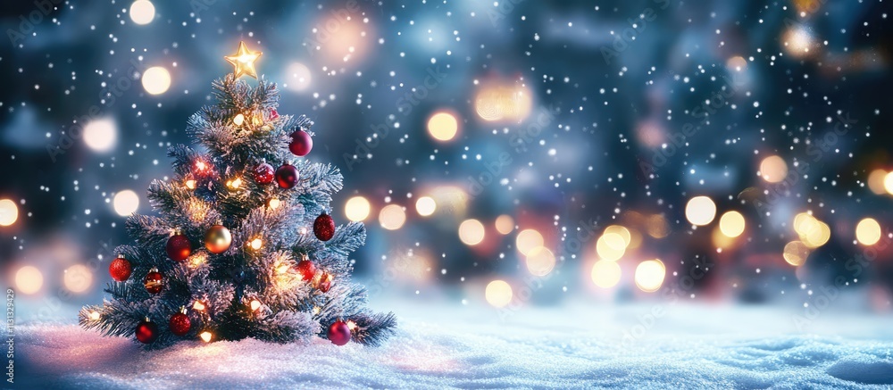 Aufkleber christmas tree in snowy landscape with glowing bokeh lights creating a magical festive atmosphere du