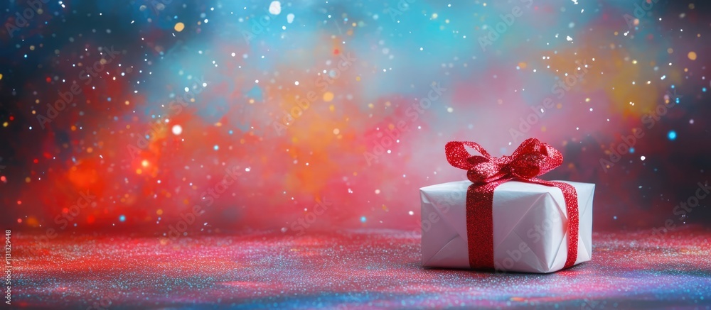 Poster christmas gift box with a red ribbon on colorful cosmic background with space for text and holiday-t