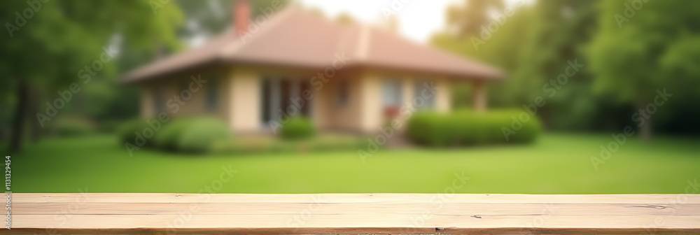 Poster a minimalist wooden tabletop is elegantly set against a blurred garden and house background in an ar