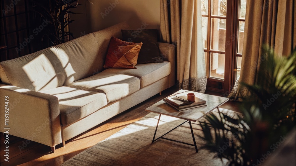 Poster a cozy living room featuring a lowslung sofa in a neutral palette a single geometric coffee table an