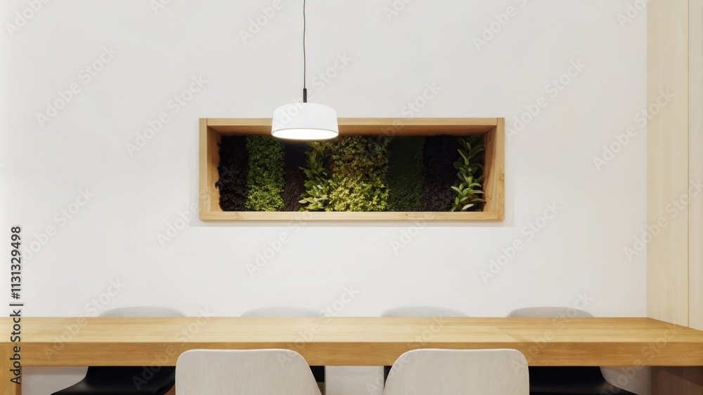 Poster a serene dining area with a long wooden table set for two surrounded by minimalist chairs. a single 