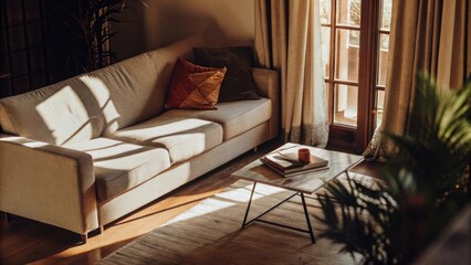 Obraz premium A cozy living room featuring a lowslung sofa in a neutral palette a single geometric coffee table and a soft rug that anchors the space complete with natural light filtering