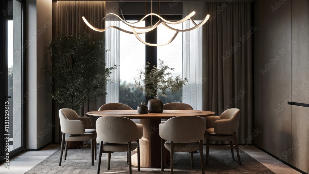 Poster an airy dining area with a round wooden table surrounded by gracefully curved chairs highlighted by 