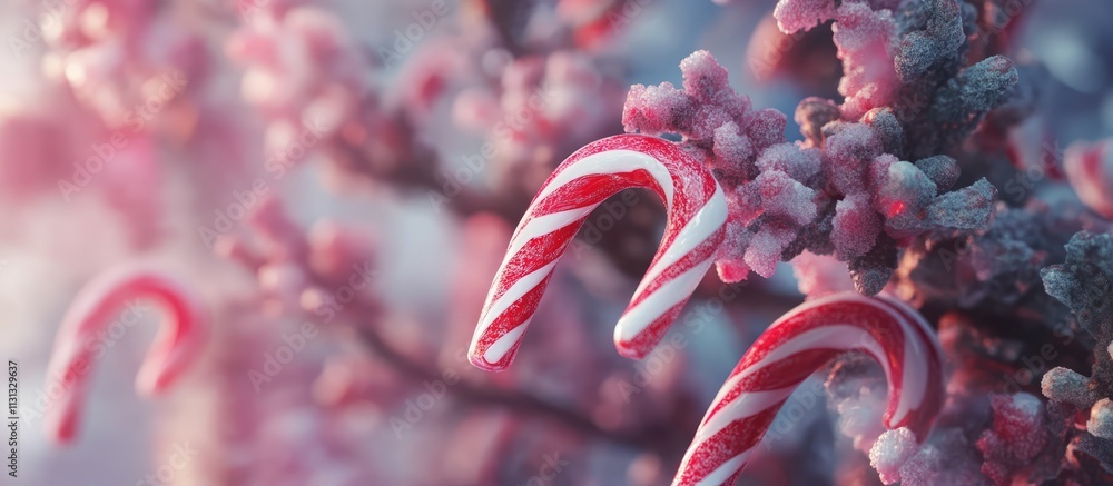 Aufkleber candy canes hanging on a frosty tree branch creating a festive winter holiday atmosphere with soft p