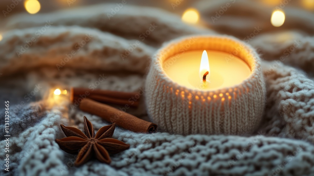 Poster cozy candle with cinnamon sticks on knitted background adorned with soft golden lights for a warm am