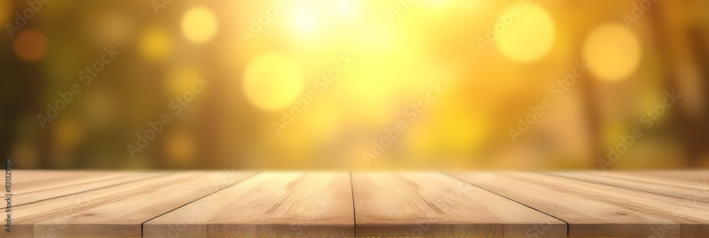 Poster A minimalist wooden table top with a blurred golden bokeh background suitable for various product display and visual layouts._00004_