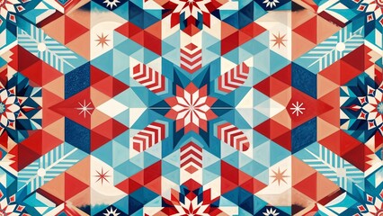 Obraz premium Colorful geometric pattern featuring stars and snowflakes in red, blue, and white tones