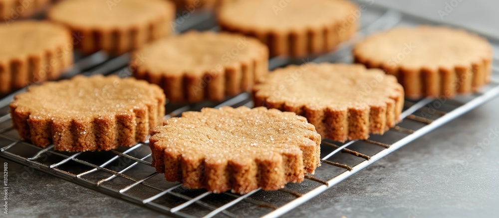 Poster gingerbread cookies cooling on a wire rack showcasing their textured edges on a stylish grey stone c