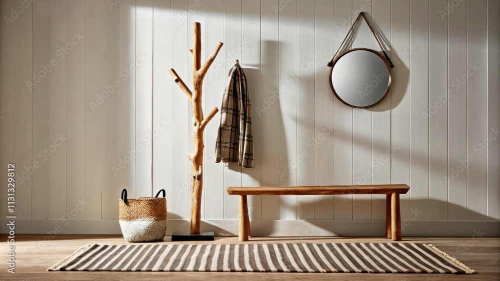 Poster a small entryway featuring a striped jute rug a handcrafted coat rack made from fallen branches and 