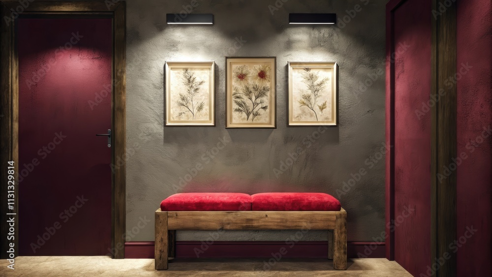 Poster the hallway features smooth warm gray walls adorned with framed nature prints and a simple bench mad