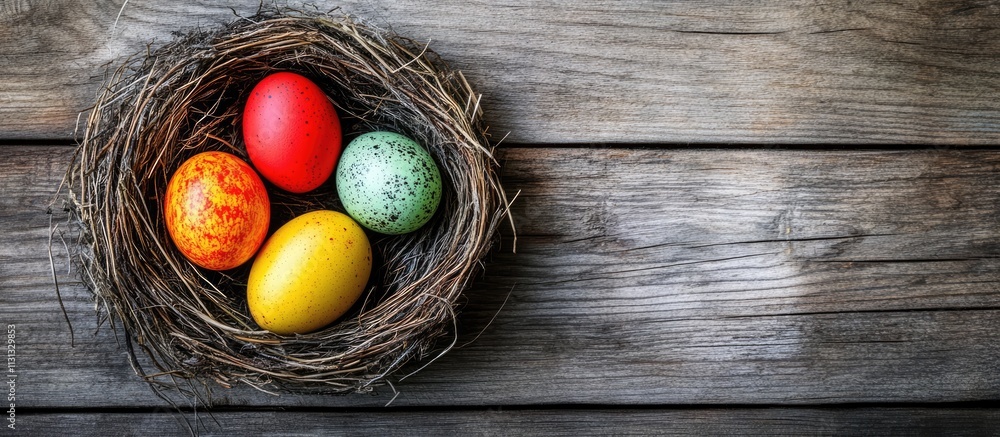 Aufkleber Colorful Easter eggs nestled in a rustic nest on a weathered wooden table creating a vibrant spring ambiance for festive celebrations