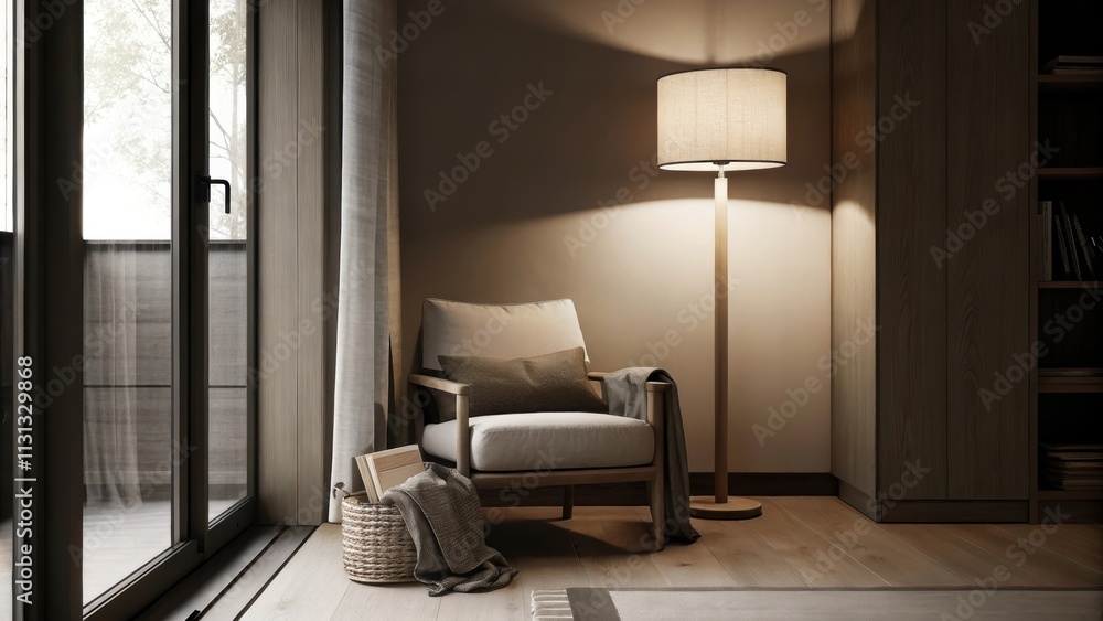Aufkleber a cozy reading nook bathed in soft light from a floortoceiling window. a minimalist armchair crafted