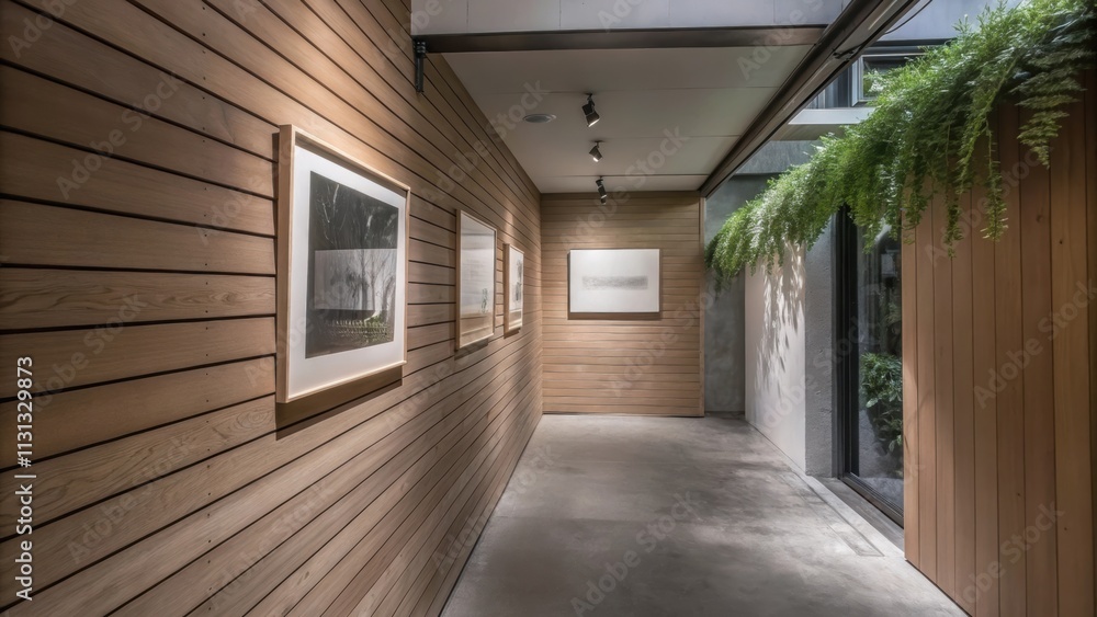 Poster a small hallway gallery adorned with understated artwork showcasing the beauty of simplicity. light 