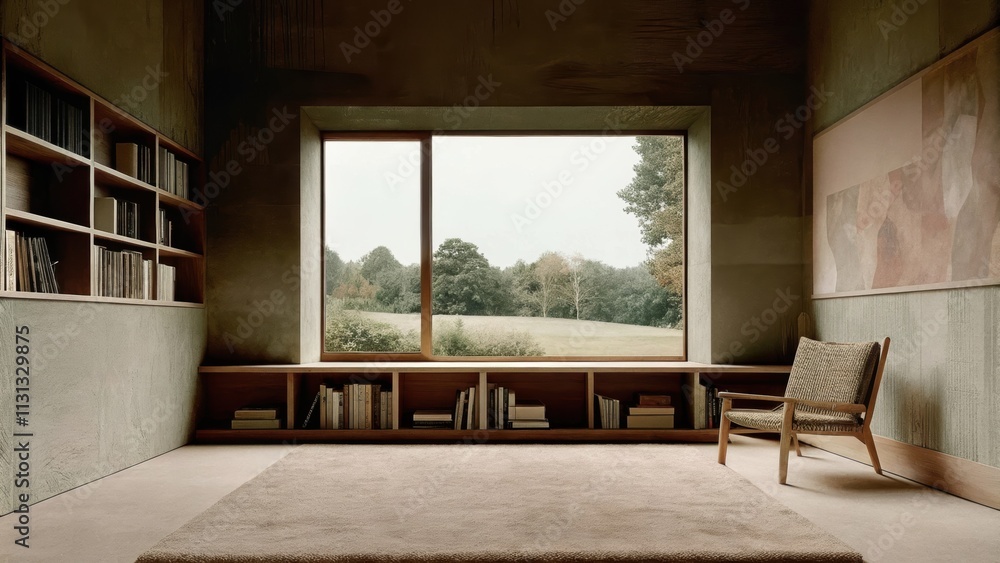 Poster A cozy reading corner with a low bookshelf filled with curated books a large window overlooking a peaceful garden and a soft wool rug under a simple wooden chair. The walls are