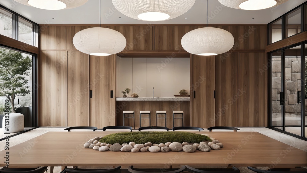 Poster an elegant dining area with a large round wooden table surrounded by simple chairs a minimalist cent