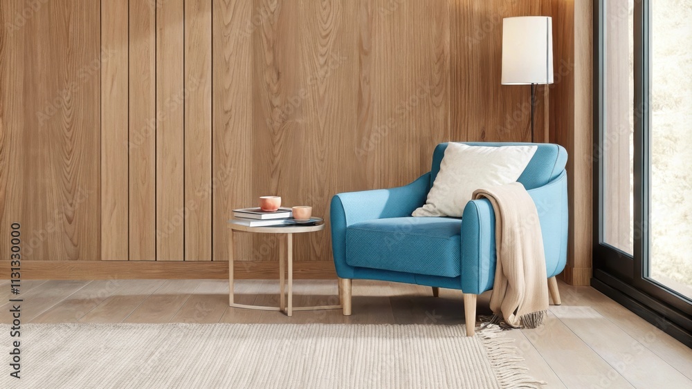 Poster a calming reading nook is defined by a cozy armchair bathed in natural light with a small side table