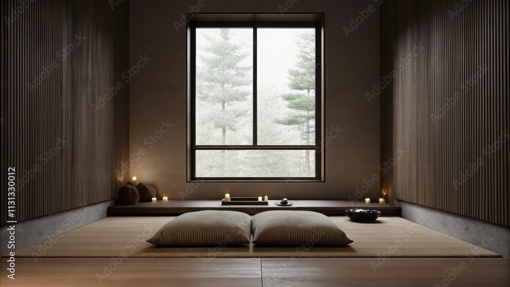 Aufkleber A peaceful meditation room contains a simple floor cushion and a low table surrounded by soft natural materials. A single large window lets in soft light and a few stones and