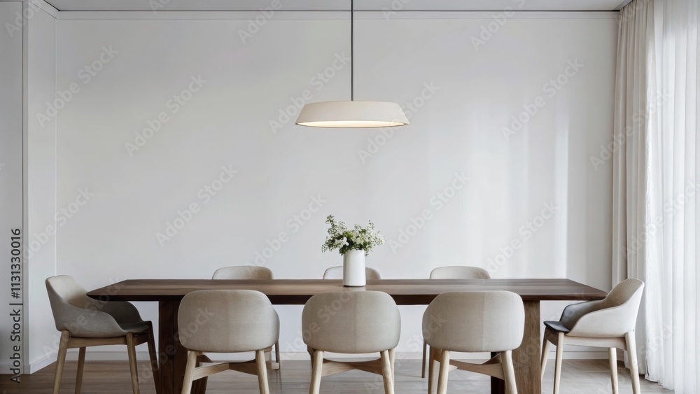 Poster a minimalist dining area includes a sleek wooden table surrounded by lightcolored chairs. overhead a