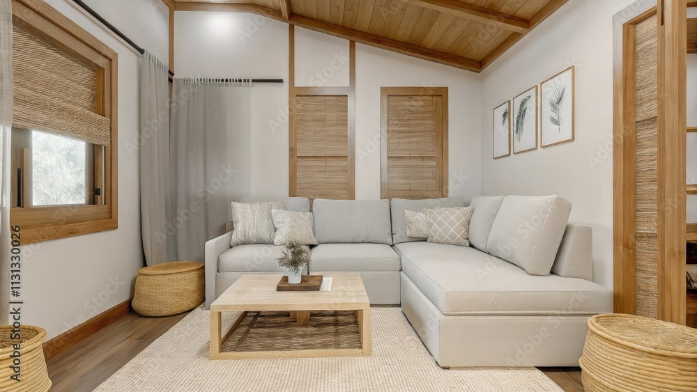 Poster A cozy family room with a mix of textured surfaces including a light gray sofa layered with soft white cushions. A large low coffee table anchors the space while woven baskets and