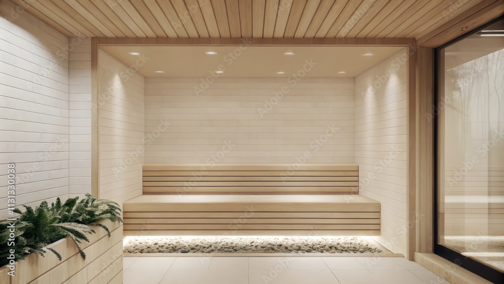 Poster A spalike bathroom featuring a freestanding bathtub surrounded by smooth stones simple greenery and an uncluttered countertop. Soft diffused lighting sets a calming mood while