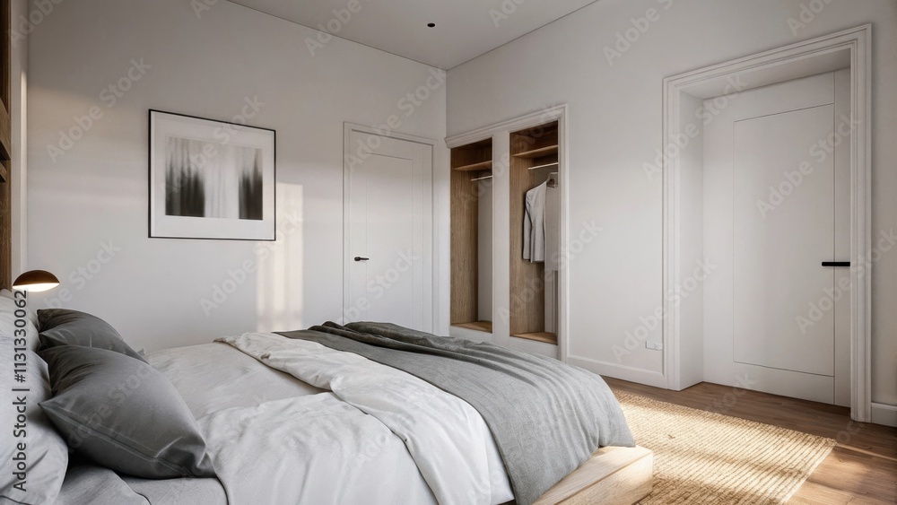 Poster a minimalist bedroom with soft gray bedding layered on a warm beige platform bed. the walls are pain
