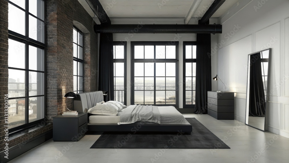 Poster a spacious bedroom featuring a lowprofile platform bed framed by exposed brick paired with sleek bed