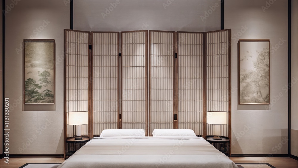 Aufkleber a serene bedroom featuring a low platform bed with crisp white linens paired with a simple shoji scr