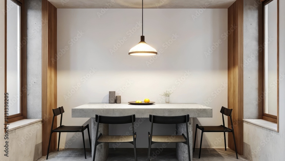 Poster An airy dining area with a rectangular concrete table surrounded by simple black chairs. The walls are left and a single hanging pendant light casts a warm glow over the scene.