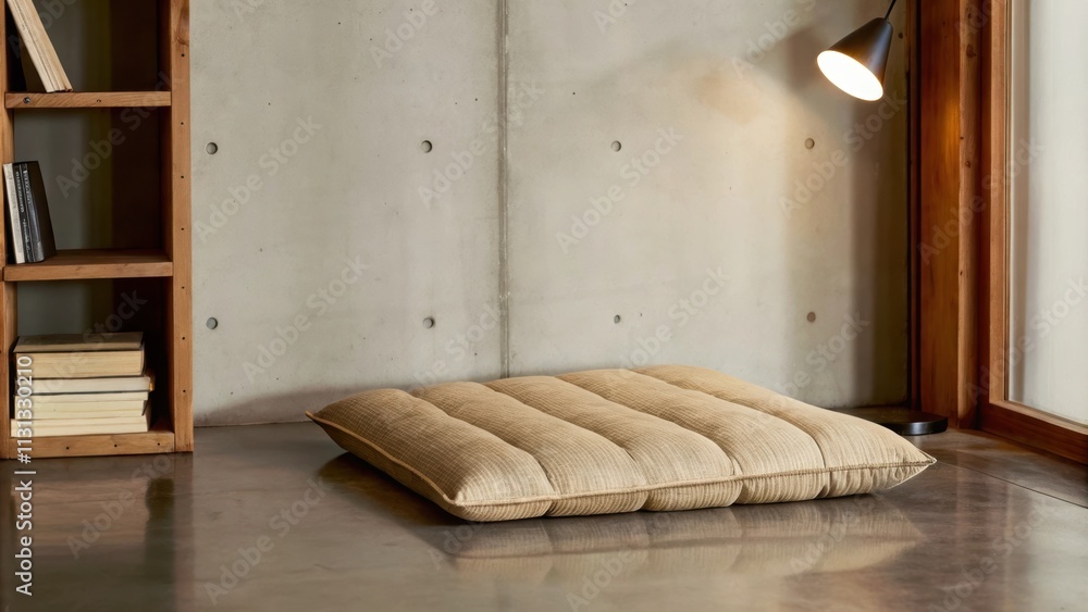 Poster a cozy reading nook with a lowprofile cushioned tatami mat resting on a polished concrete floor