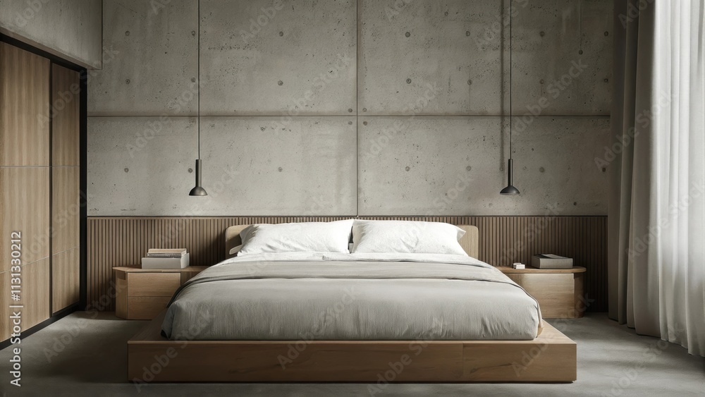 Poster a modern bedroom featuring a platform bed with a simple linen duvet set against a backdrop of expose