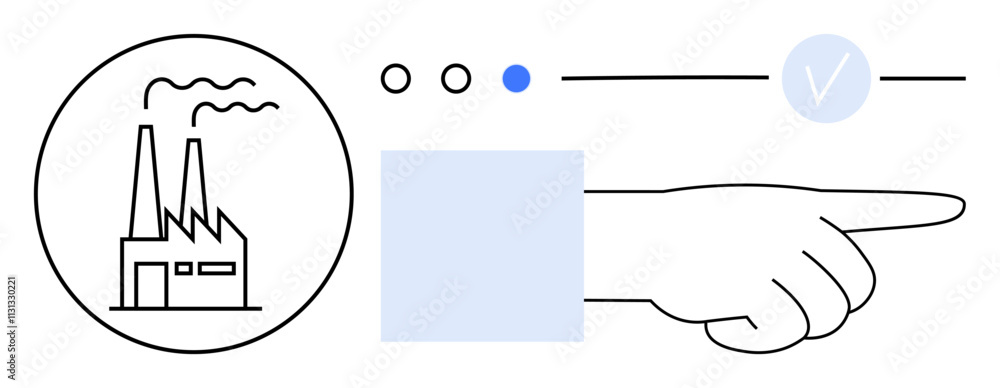 Poster industrial factory with smokestacks in circle, hand pointing at progress bar with checkmark. ideal f