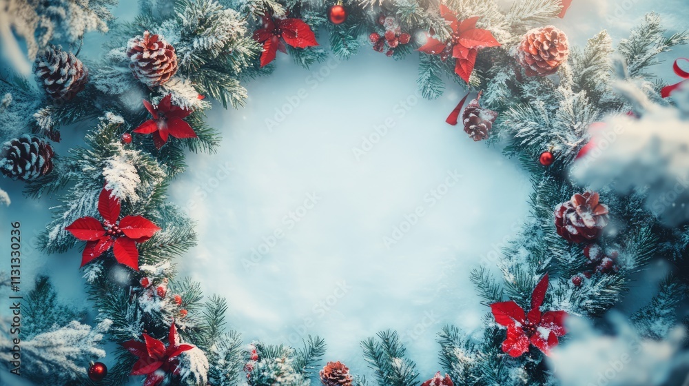 Poster christmas wreath with red accents and pine cones on a snowy background creating a festive winter hol