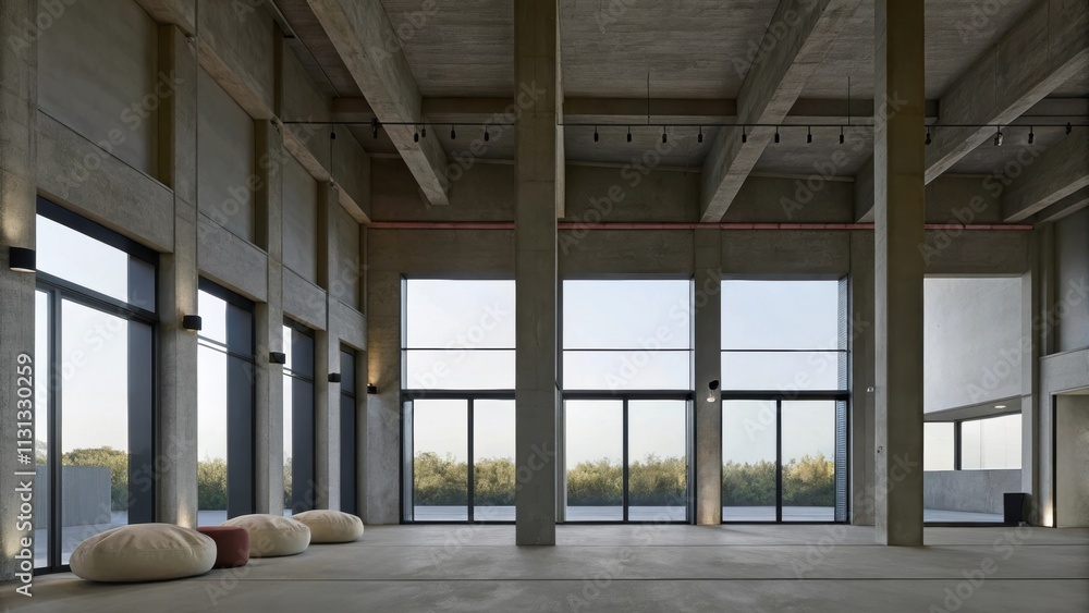 Poster A vast openplan space that serves as a communal area featuring industrial concrete columns soft seating arrangements with neutral fabrics and expansive views thanks to oversized