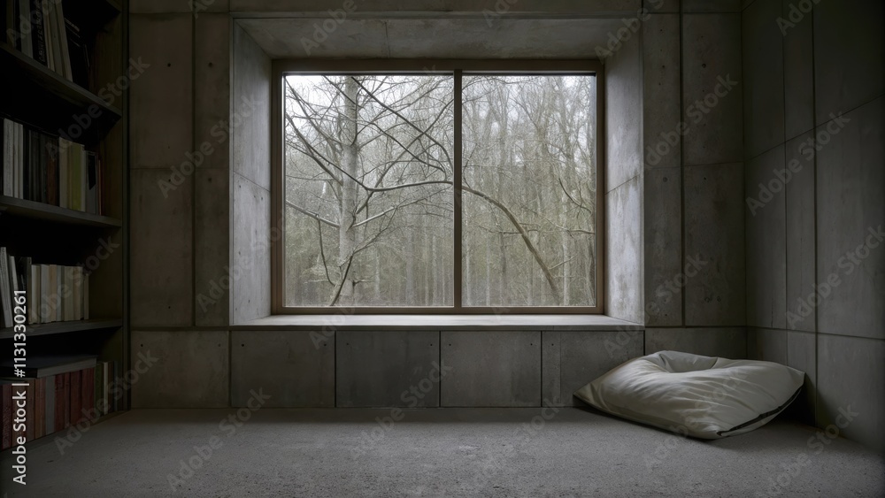 Poster A quiet reading nook with a large window framed by concrete walls featuring a low concrete bookshelf and a single oversized cushion on the floor inviting relaxation with