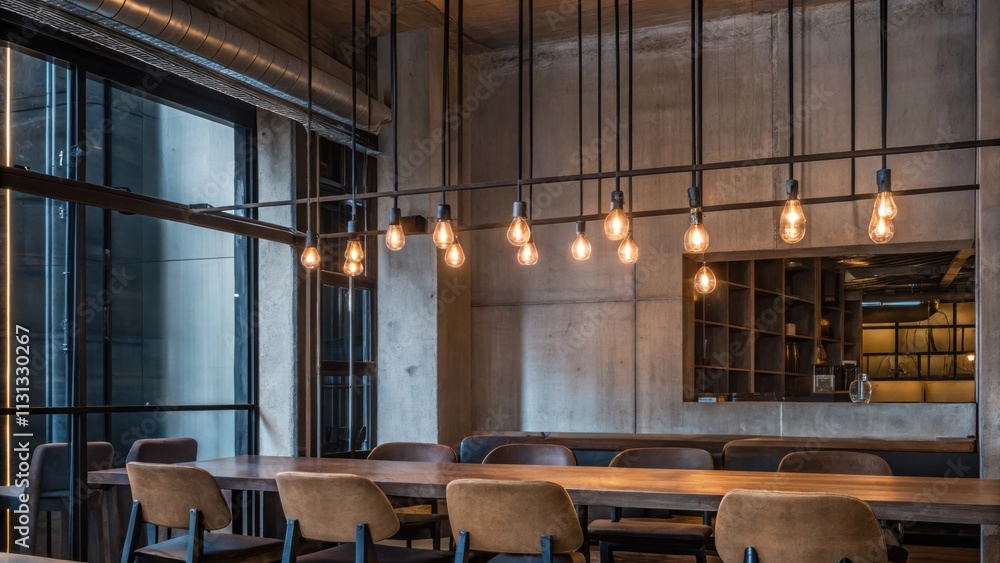 Poster An airy dining area featuring a reclaimed wood table surrounded by mismatched chairs suspended Edison bulbs casting a warm glow and a backdrop of polished concrete walls with