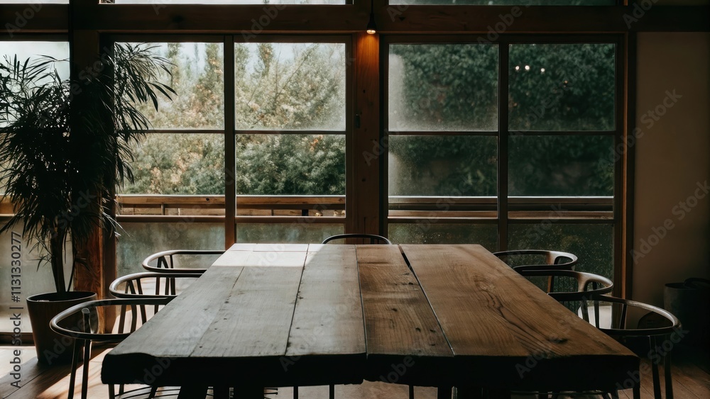 Poster a cozy dining area with a long natural wood table surrounded by minimalist steel chairs. a large win